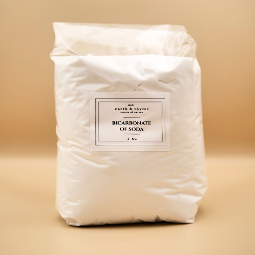 Bag of bicarbonate of soda with a label on a beige background