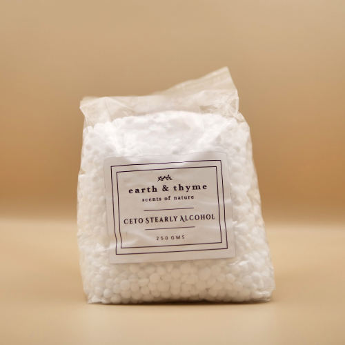 Bag of Ceto Stearly Alcohol with 'earth & thyme' label on a beige background