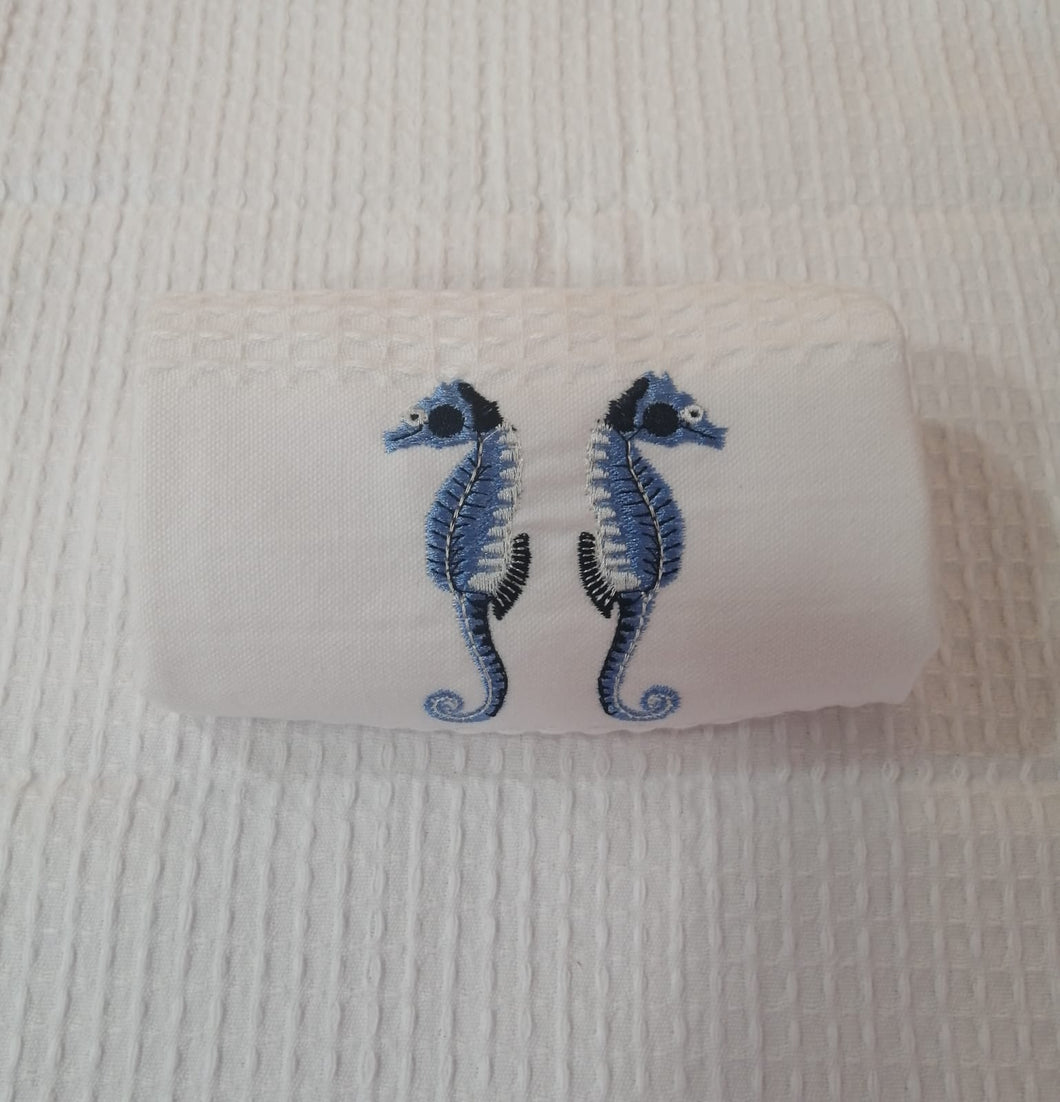 Towel - Hand Towel Sea Horse  with Embroidery - Waffle Weave