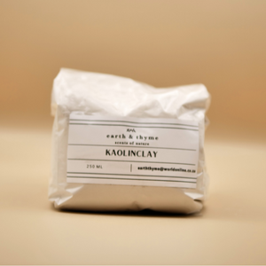 Bag of kaolin clay with a label on a beige background