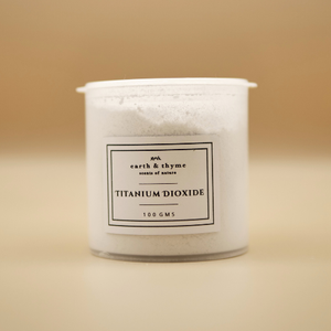 Container of titanium dioxide with a label on a beige background